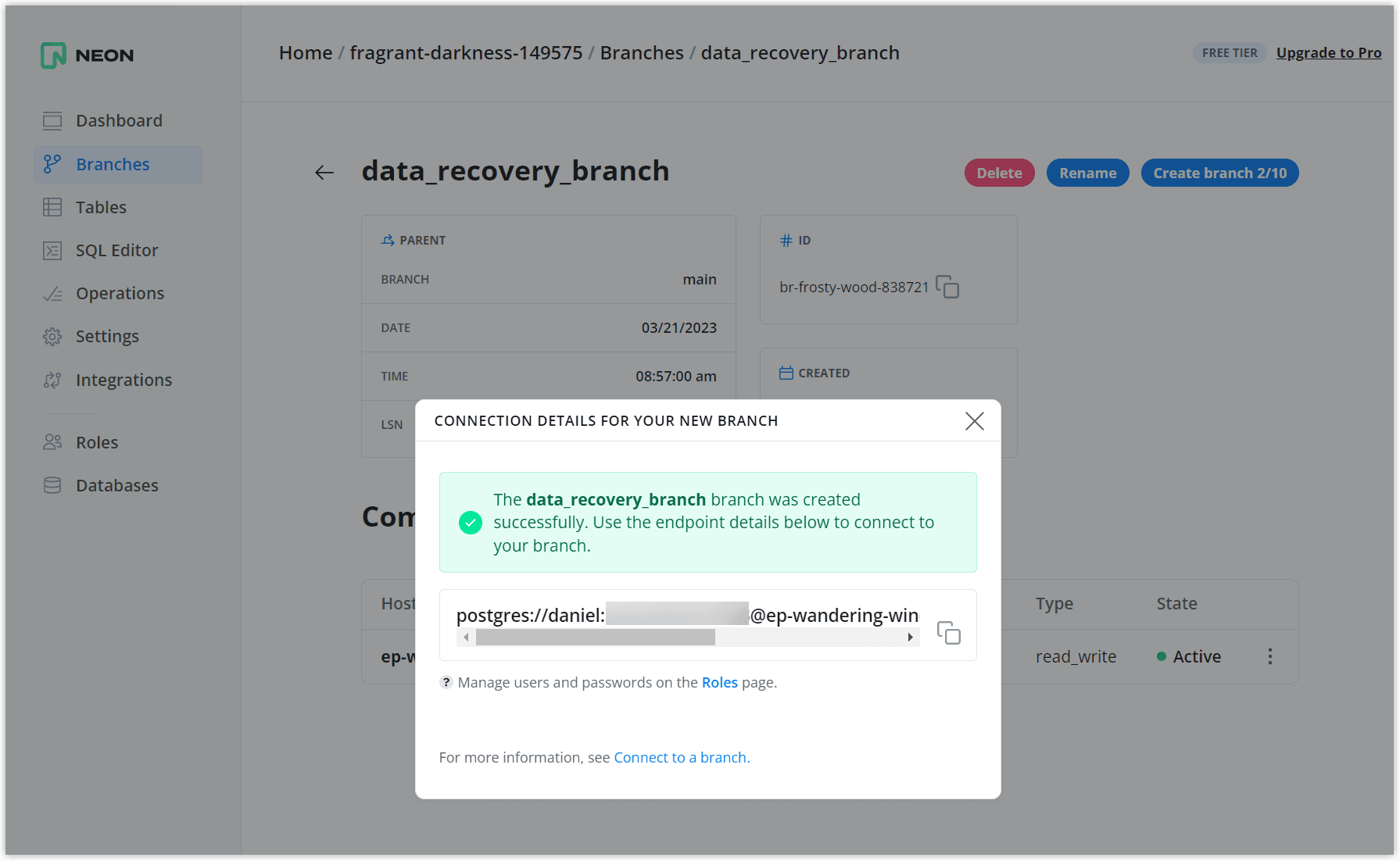 New branch connection details